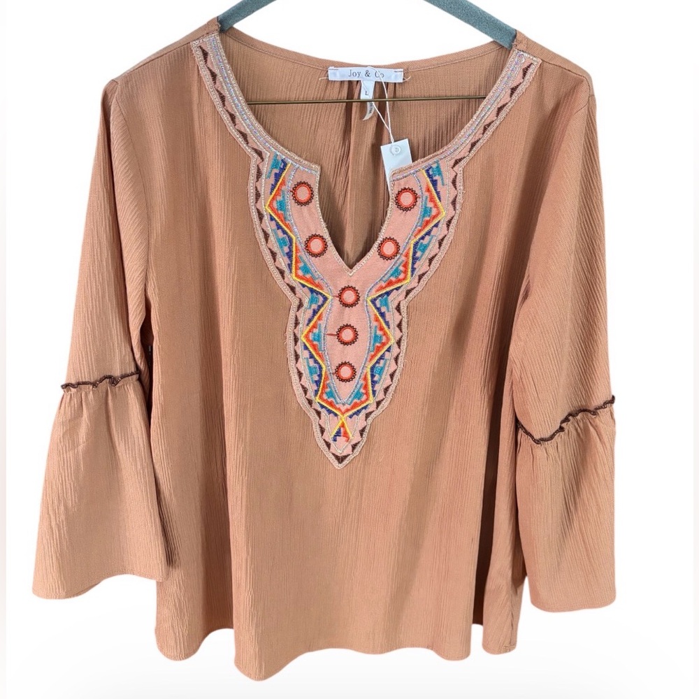Joy & Co Embroidered V-Neck Top Belle Sleeves Boho NWT